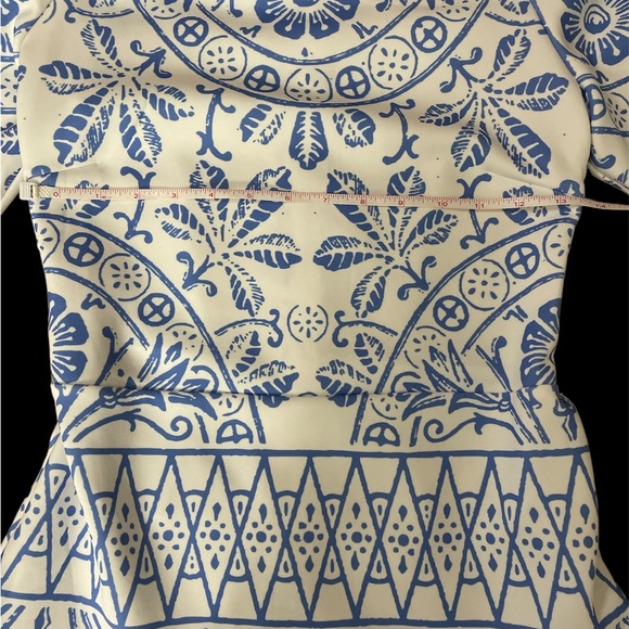 Blue & white tile grand millennial print off shoulder ruffle flounce mini dress - Picture 6 of 9